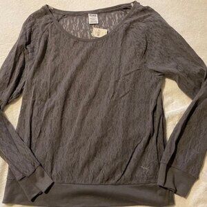 NWT Pink Dark Grey Lace Long Sleeve Top Sz L